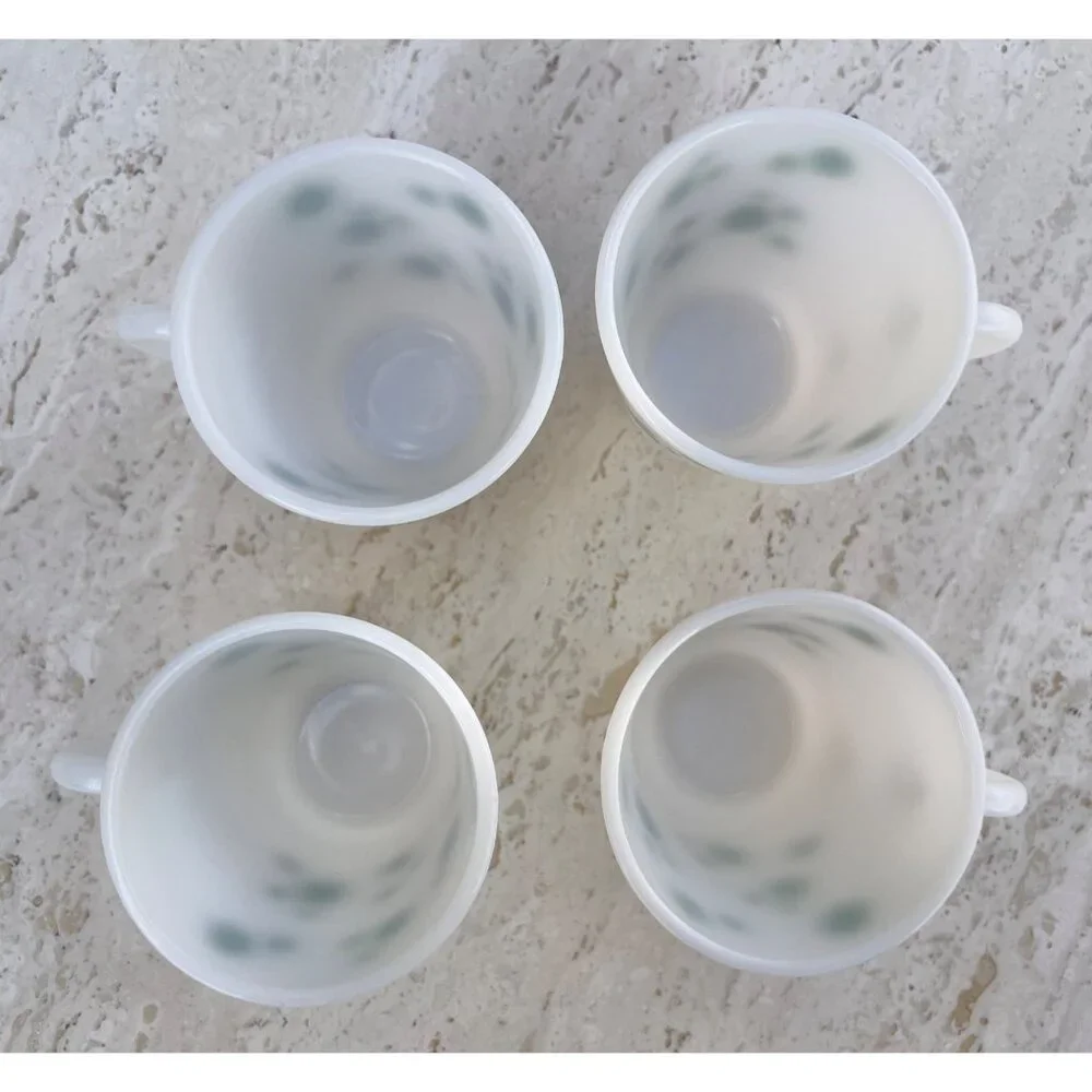 Hazel Atlas Milk Glass Footed Mugs Set Of 4 Green Polka Dot MCM Logo Retro Gift